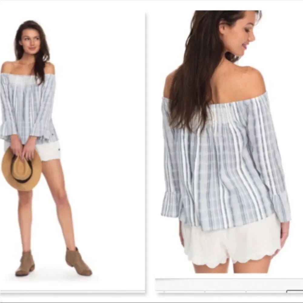 ROXY | NEW Moon Sapphire Striped Off the Shoulder Top White & Blue Women’s Small